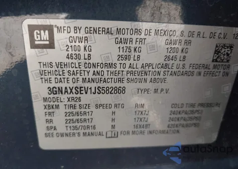 2018 Chevrolet Equinox Lt from USA, damaged, VIN 3GNAXSEV1JS582868